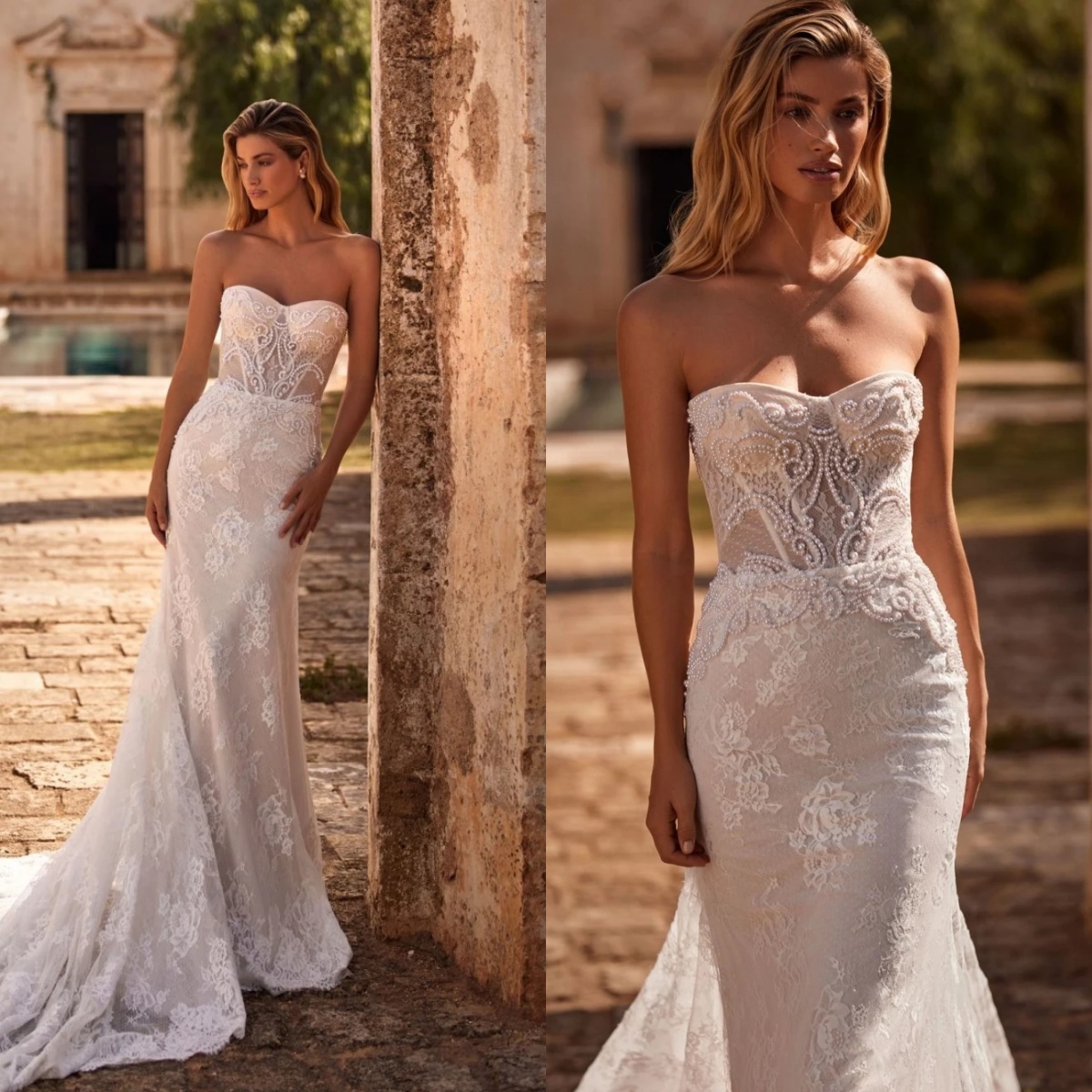 Elegant Mermaid Wedding Dress Strapless Sleeveless Backless Bridal Gowns Pearls Lace Sweep Train Dresses Custom Made vestidos de novia