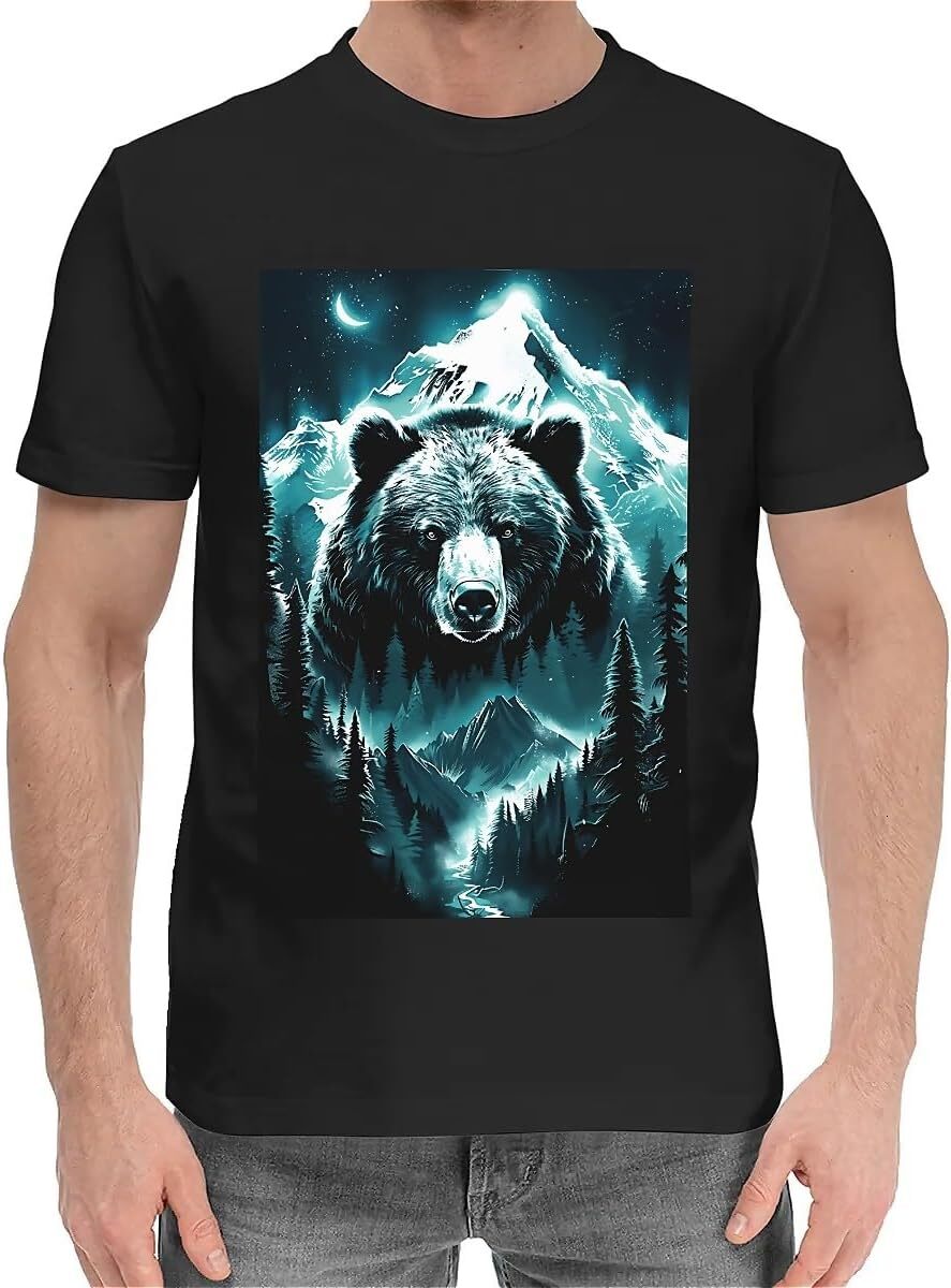 T shirt for Mens Mens Novelty T-Shirts Forest Bear Graphic 2D Print Summer Short Sleeve Graphic Tee Casual Tops Clothes Short sleeve cool