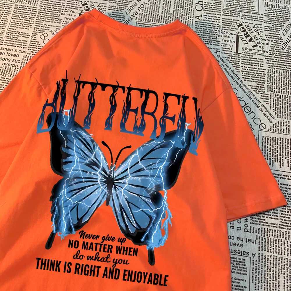 Blue Lightning Butterfly Creative Word T-Shirt Men Casual Oversized T-Shirt Casual Loose Tee Clothes Pattern Quality TopsT250319
