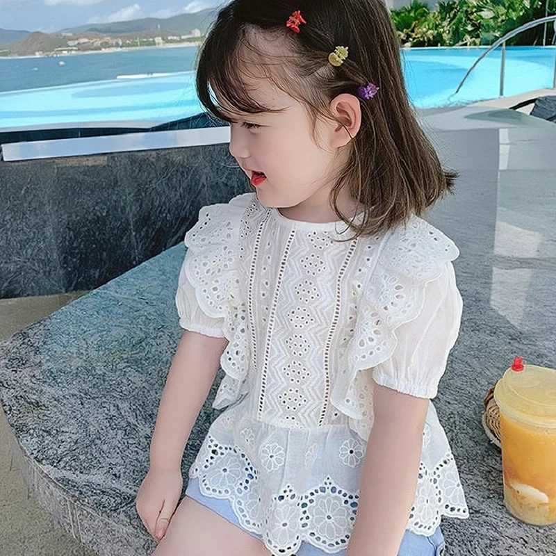 Summer girls clothing hollow round neck bubble sleeves short sleeves lace hollow breathable shirt childrens topT250320