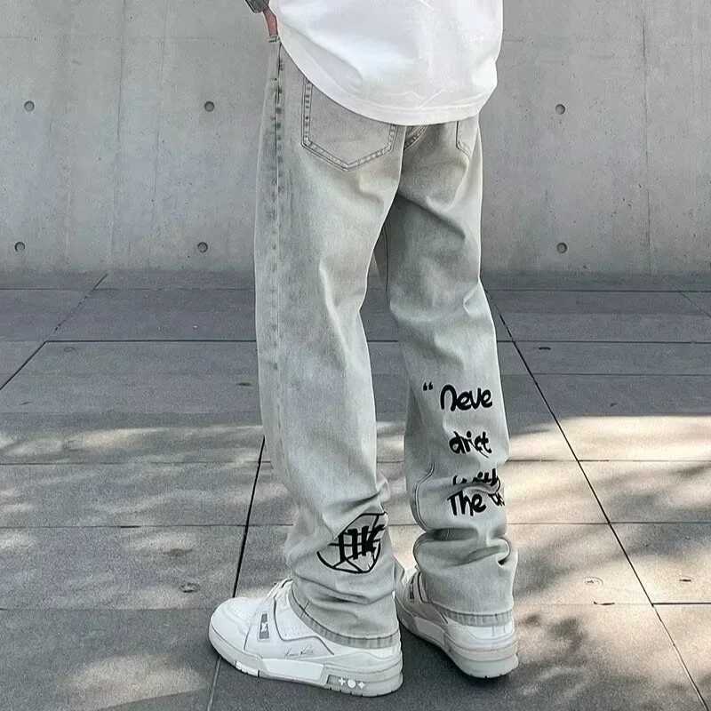 Spring Gothic Letter Printed Baggy Jeans Mens Y2K Vintage Streetwear Straight Denim Pants Hip Hop Fashion Harajuku JeanT250319