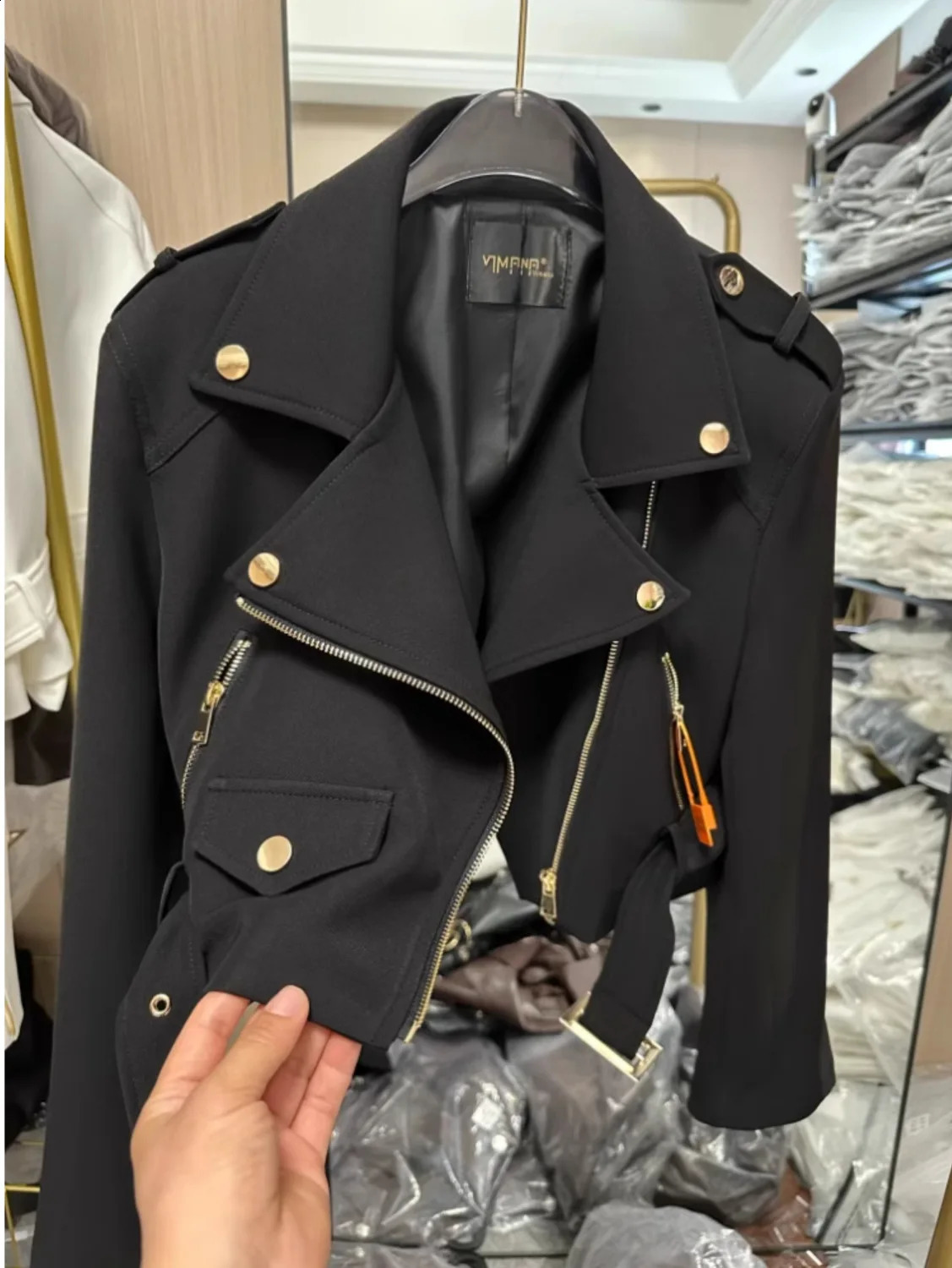 Korean Fashion Hard Zipper Short Sleeve Collar Coat Thin Long Sleeve Motorcycle Jacket Clown Jacket Cowboy Jacket Womens 250317
