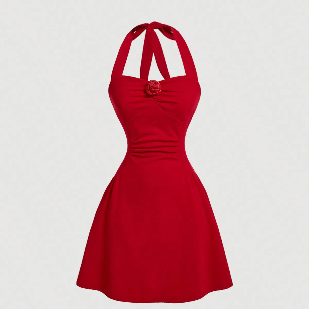 Red Bow Halter Dress Female Autumn Spice Girl Pleated Fashion Waist Show Thin Short Skirt Trend 250320