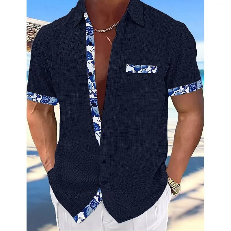 Short-sleeved shirt 100% linen Cool and breathable Comfortable and healthy material Gradient blue Hawaiian beach mens cardigan 250320