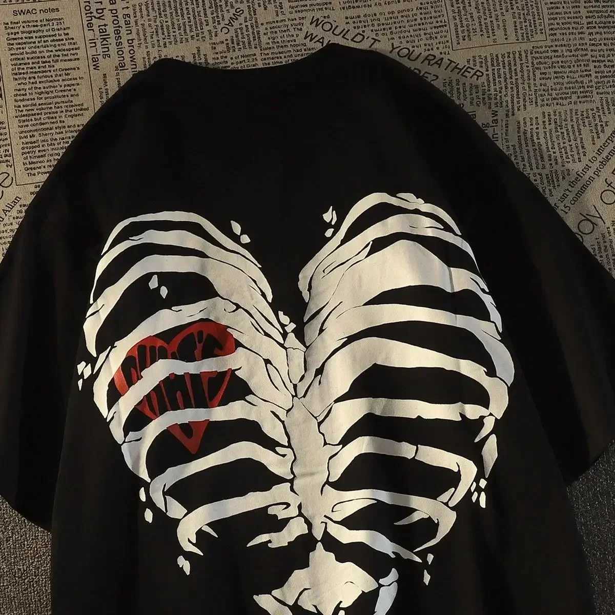 Womens street love skull short sleeved loose European and American oversized T-shirt hip-hop topT250320