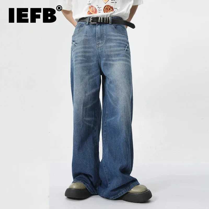 IEFB new mens jeans 2024 autumn American lightning pattern washed straight loose leg jeans 9C6172T250319