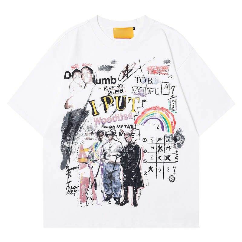 Fun graffiti rainbow hand-painted insoversize short sleeved T-shirt for men with American style design, loose half sleeves