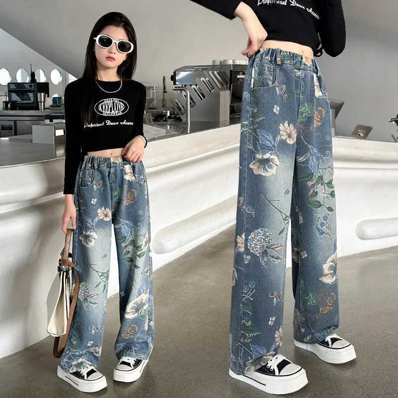 New Fashion Girls Jeans Childrens Denim Wide Leg Pants Flower Pattern Korean Youth Casual Trouser Girls Clothing Hot SellingT250326