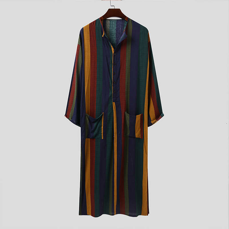 New Spring/Summer Clothing Long Sleeved Jumpsuit Arabic Striped Printed Muslim Men's Robe