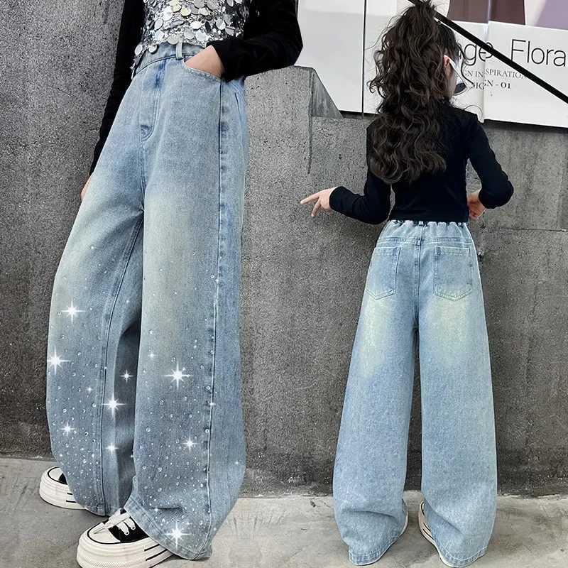 Girls outfit Spring 2024 new sequined jazz top with diamond Star denim pants fashion runway wear Kids Straight Wide Leg TrousersT250326