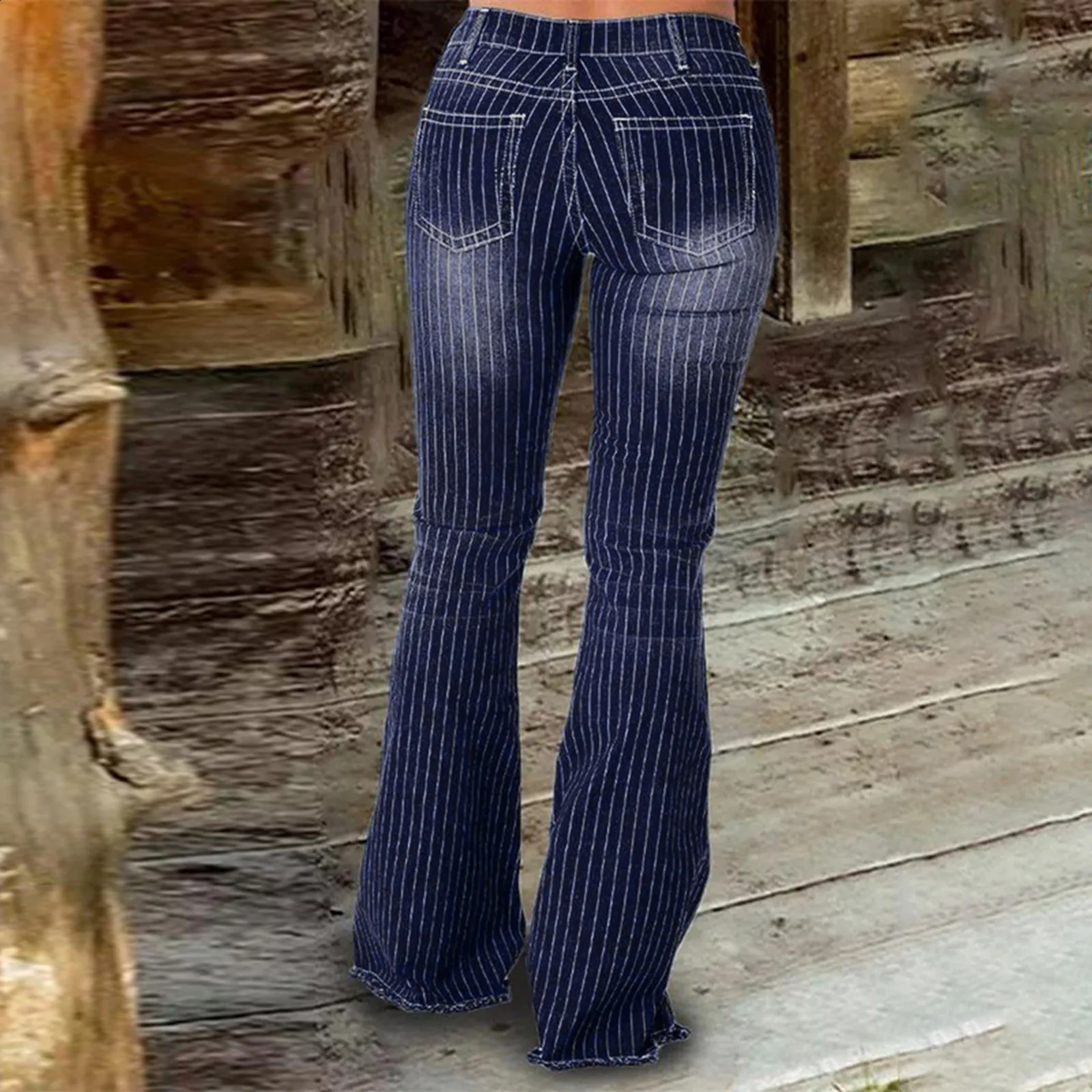 Striped Thin Edge Flared Jeans Women Fashionable Casual Mid Rise Buttoned Street Vintage Jeans Wrap Hips Bell Bottom Jeans 250319