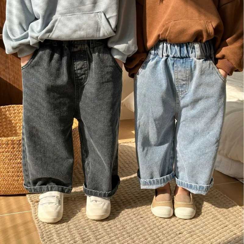 2024 Autumn Boys and Girls Solid Color Cowboy Wide Leg Pants Unisex Childrens Casual Full Match JeansT250326
