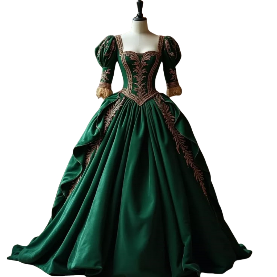 Vintage Victorian Dark Green Prom Dresses Half Sleeves Square Collar Corset Ball Gown Evening Gown Appliques Medieval Special Occasion Dress