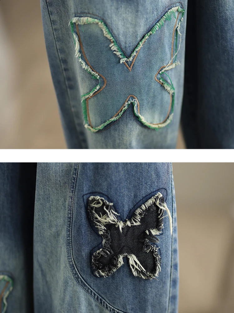 Plus Size Denim Jeans For Women Autumn Arrivals High Elastic Waist Embroidery Streetwear Harem Pants Women 250319