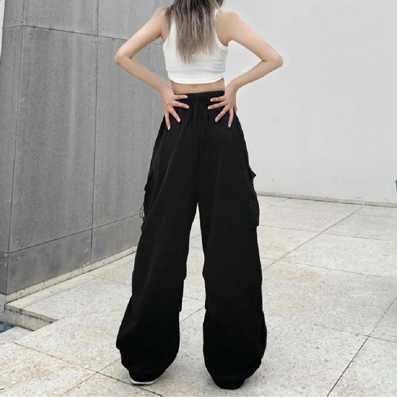 Womens casual pants solid low waisted oversized pockets wide leg Y2K streetwear sports 250319