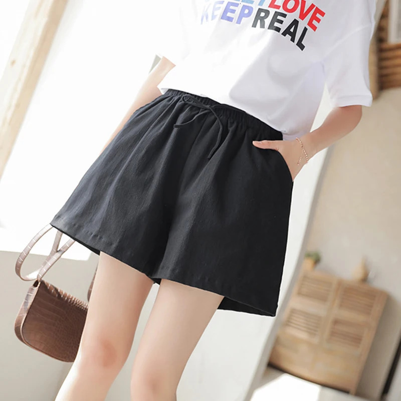 Cotton And Linen Shorts Lace-up Elastic Waist Loose Sports and Short Wide Leg Pants Pockets Women Clothing Casual Solid Thin 250320