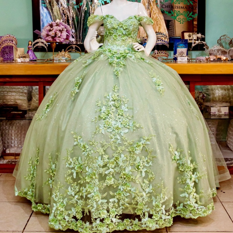 Sage Green Shiny Off Shoulder Quinceanera Dresses Applique Flower Beading Tull Party Birthday Sweet 16 Dress Vestidos 15 De Anos