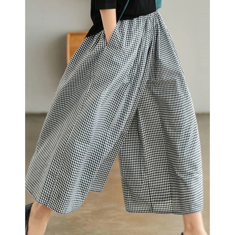 Elegant Woman Dress Plaid Pants Thin Cotton Linen Wide Leg Trousers Women Summer High Waist Baggy Jogger Pants Sweatpants 250320