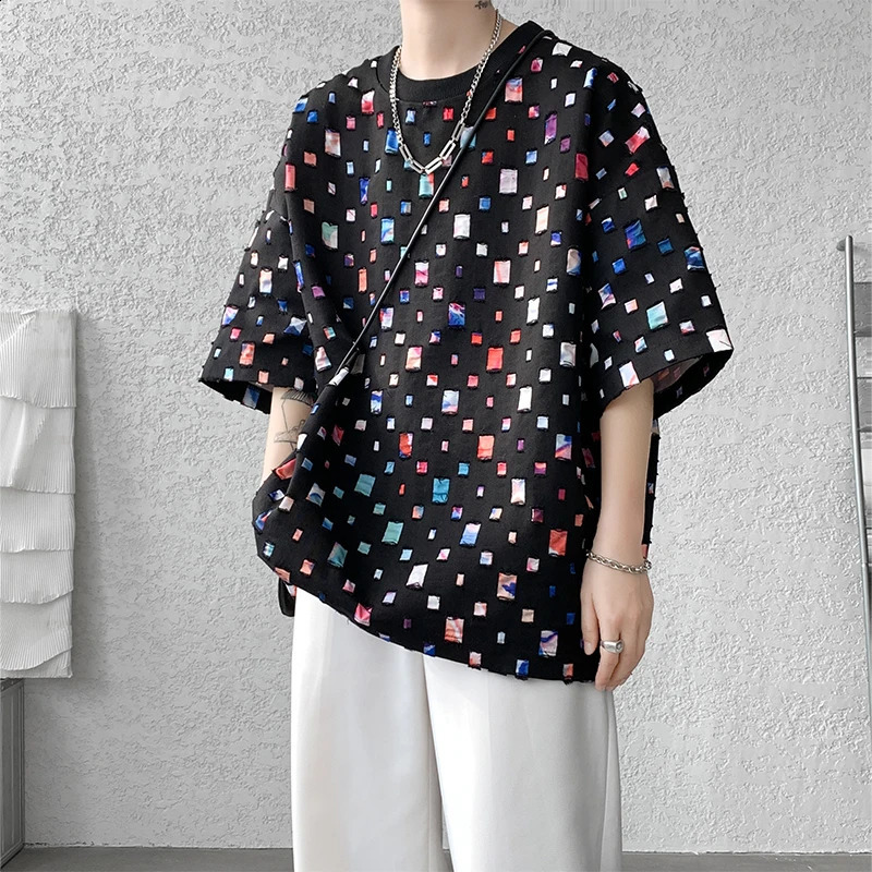 Summer cotton short sleeved Tshirt mens colorful checkered streetwear Korean loose hollow plus size 5XL 250318