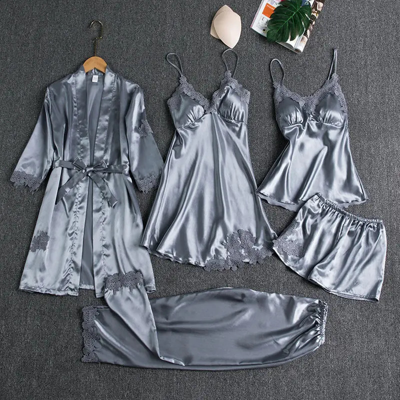 Sleepwear Female 5PCS Pajamas Set Satin Pyjamamas Lace Patchwork Bridal Wedding Nightwear Rayon Home Wear Nighty Robe Suit 250319