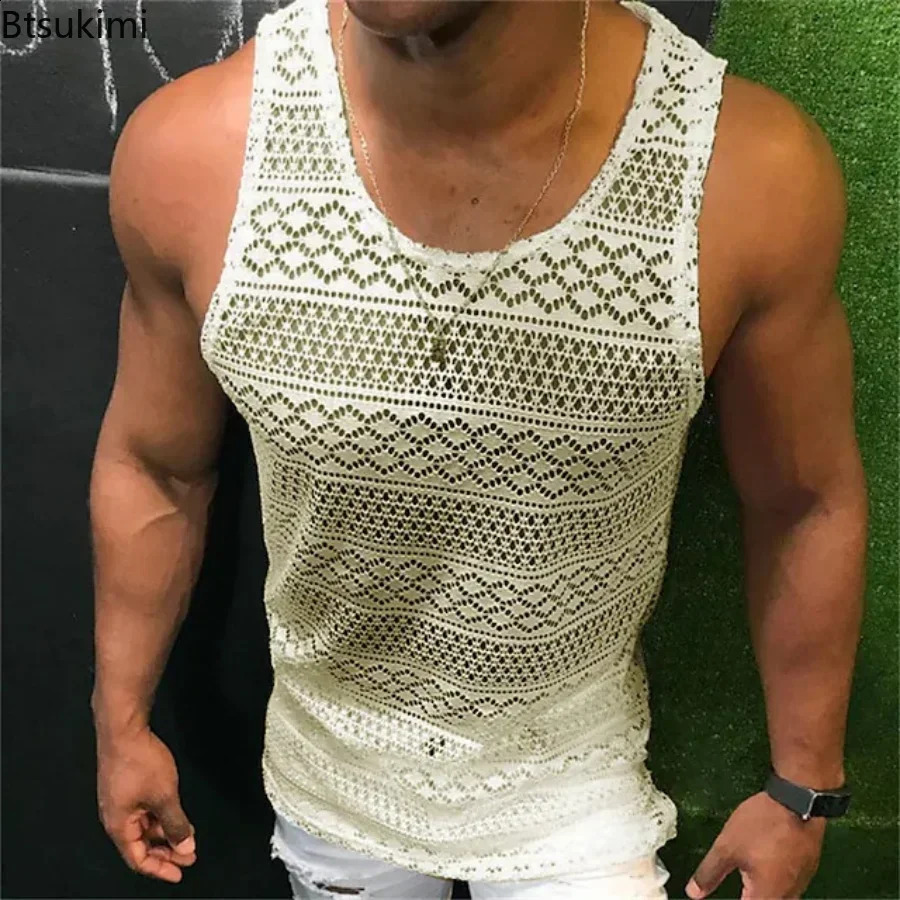 Summer Tank Top for Men Lace Hollow Out Sleeveless Shirts Mens Clothing Slim Fit Gym Clothes Workout Solid Vest Tops Male 250318