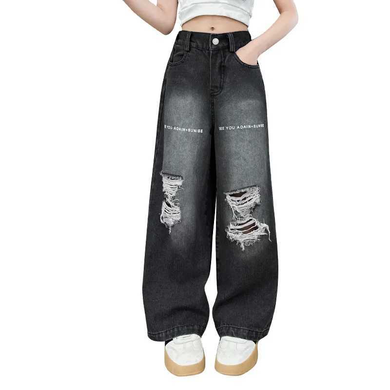 Childrens girls fashion straight pair cracked jeans with holes childrens distressed denim Trousers FOR teenage street style jeansT250326