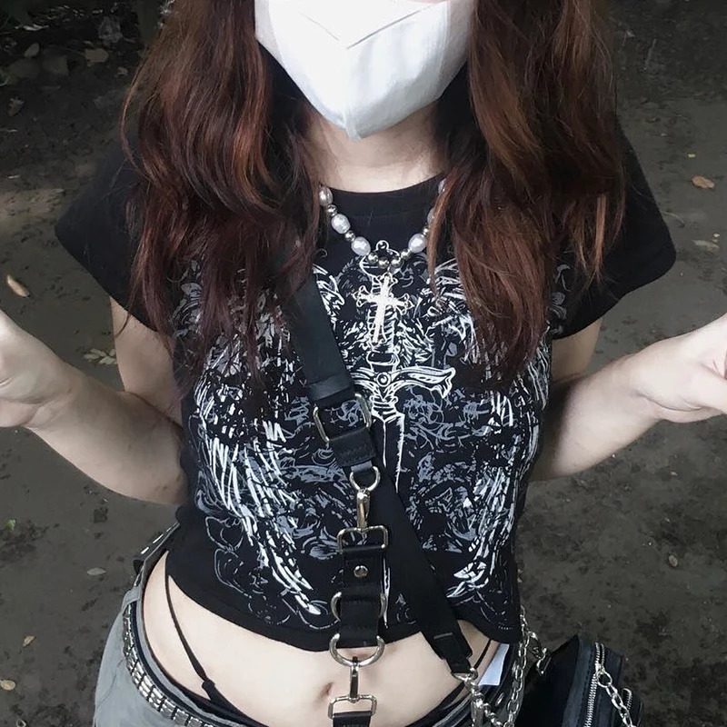 90s Harajuku printed T-shirt short sleeved tight top womens Y2K street wear exposed navel top 250320