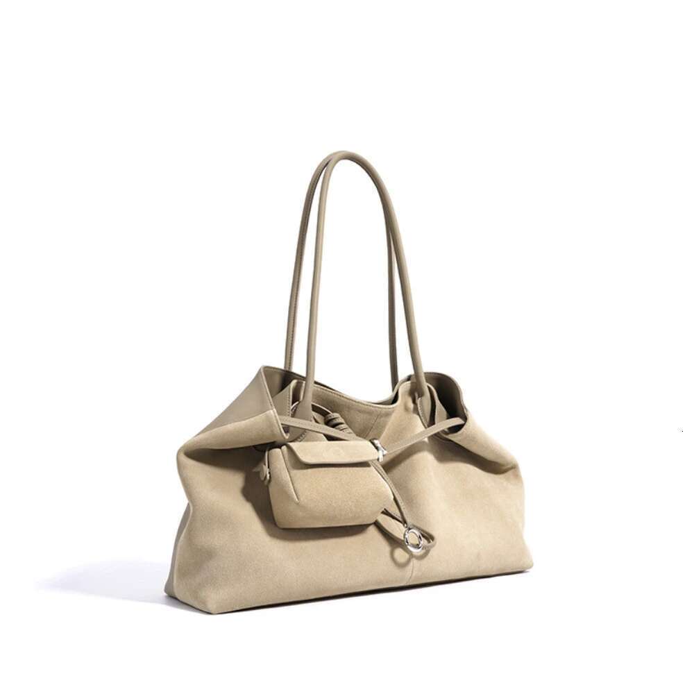 New Winter Matte Red Large Shopper Tote for Marry Christmas Gift Suede + Cow Leather Women Handbag with Mini Purse Kakhi