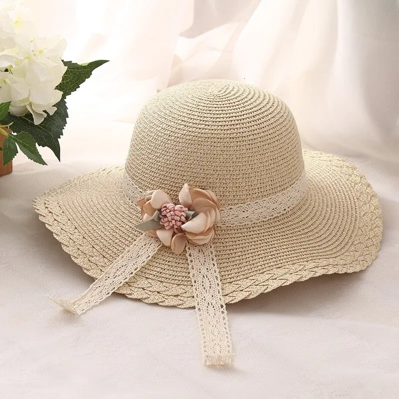Flower Lace Straw Hat Girls Outdoor Sunscreen Cool Hat Beach Vacation Sun Hat 250320