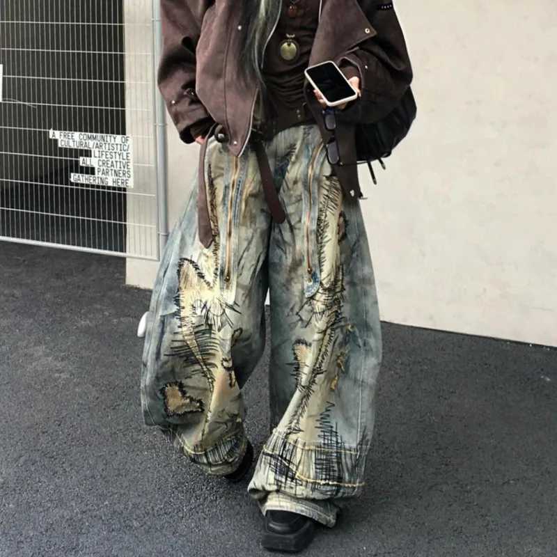 American street breaking style embroidered denim pants oversized retro wash personalized fashion loose casual wide leg jeansT250319