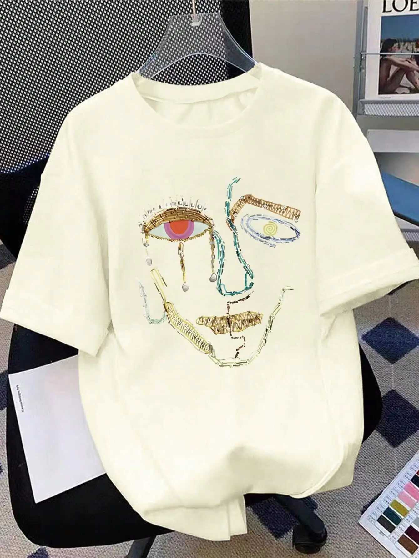 100% pure cotton womens T-shirt colorful graffiti womens facial printed clothing street fashion top loose casual short sleeved T-shirtT250320
