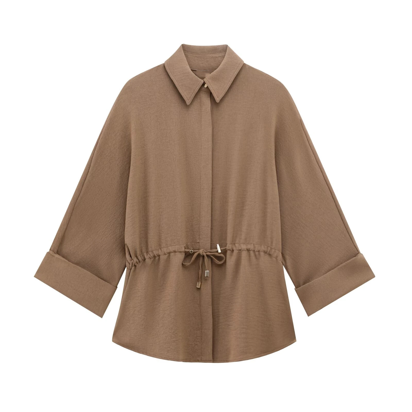 RARA 2025 Womens Collar Roll Upper Sleeve Shirt with Brushed Waist and Matching Elasticity Width Leg Pants Set 250320