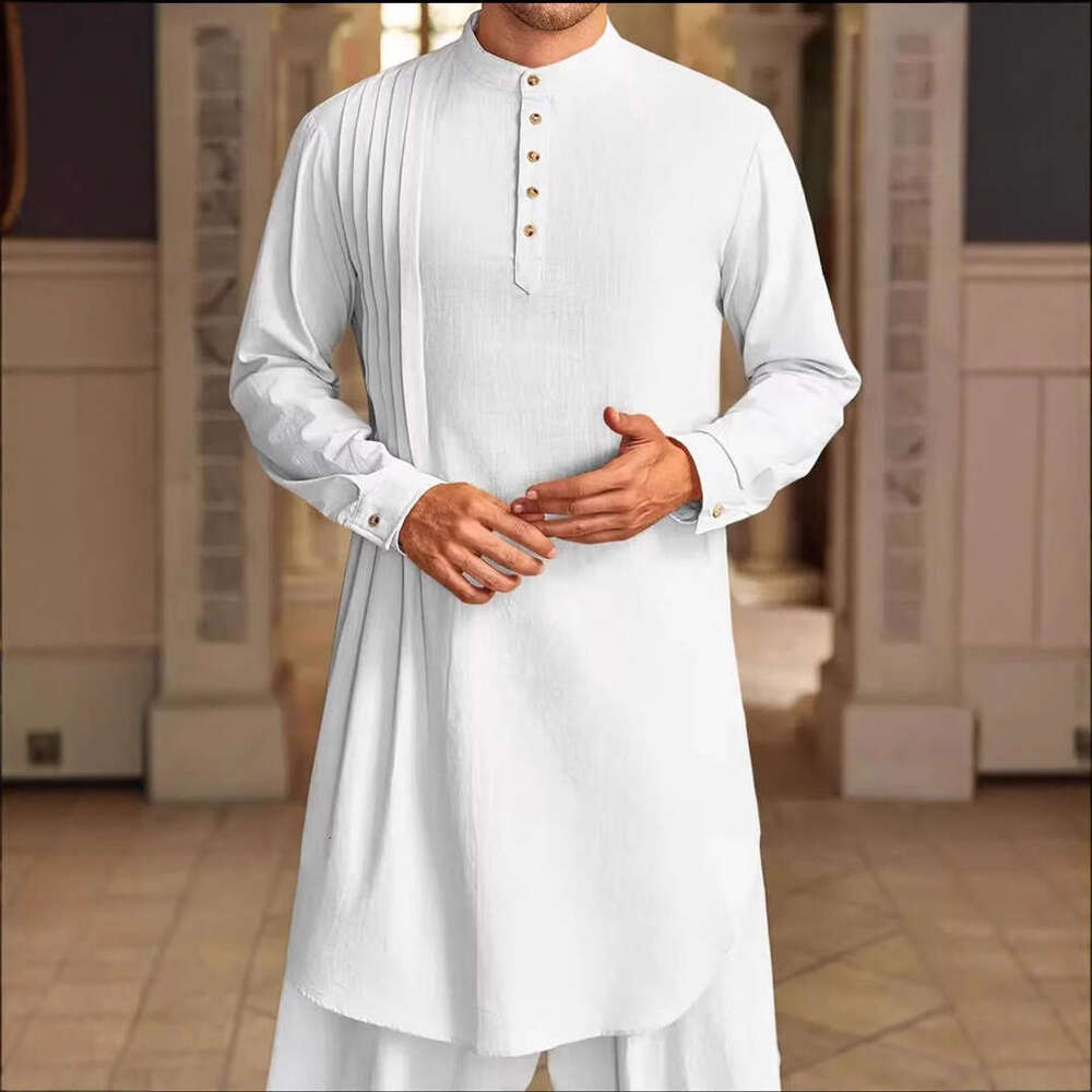 2025 New Arab Malaysian Men's Button Cotton And Hemp Shirt Muslim Robe