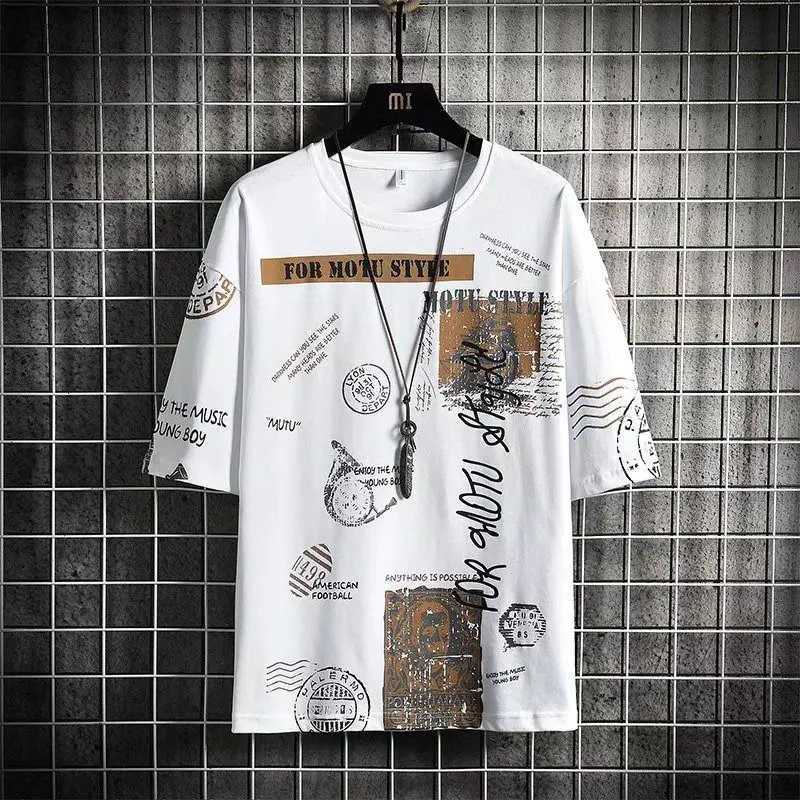 Summer Hong Kong Breeze Fashion Casual Printed Short Sleeve Round Neck Trend Mens Clothing Loose Simplicity Commute T-shirtT250319