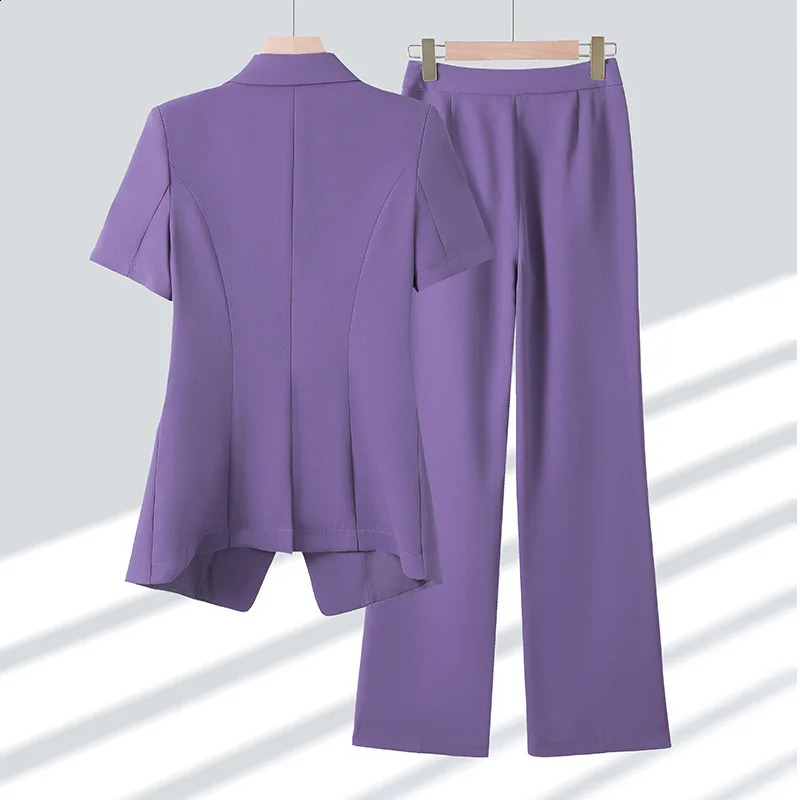 Fuchsia womens summer thin short sleeved jacket formal work pants set 2piece office suit 2024 250319