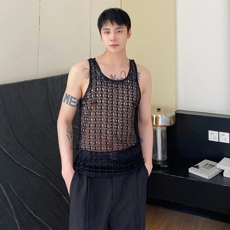 LUZHEN Summer Hollow Perspective Trendy Sleeveless Tank Top Personalized Fashion Street Original Mens Tank Top LZ2121 250318