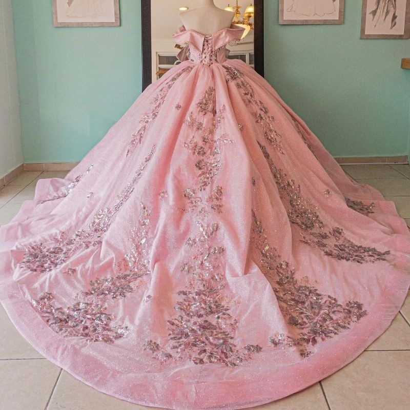 Pink Sparkly Princess Off Shoulder Quinceanera Dresses Sweetheart Sequin Lace Applique Beading Crystal Tull Sweet 16 Ball Gown Vestidos De 15 Anos