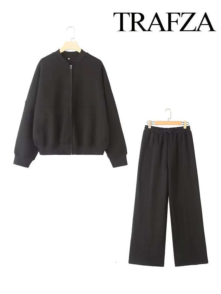 TRAFZA 2-Piece Retro Solid Color Zipper Bomber Jacket Sweatshirt + High-Waisted Lace-Up Women's Loose Veet Pants Suit
