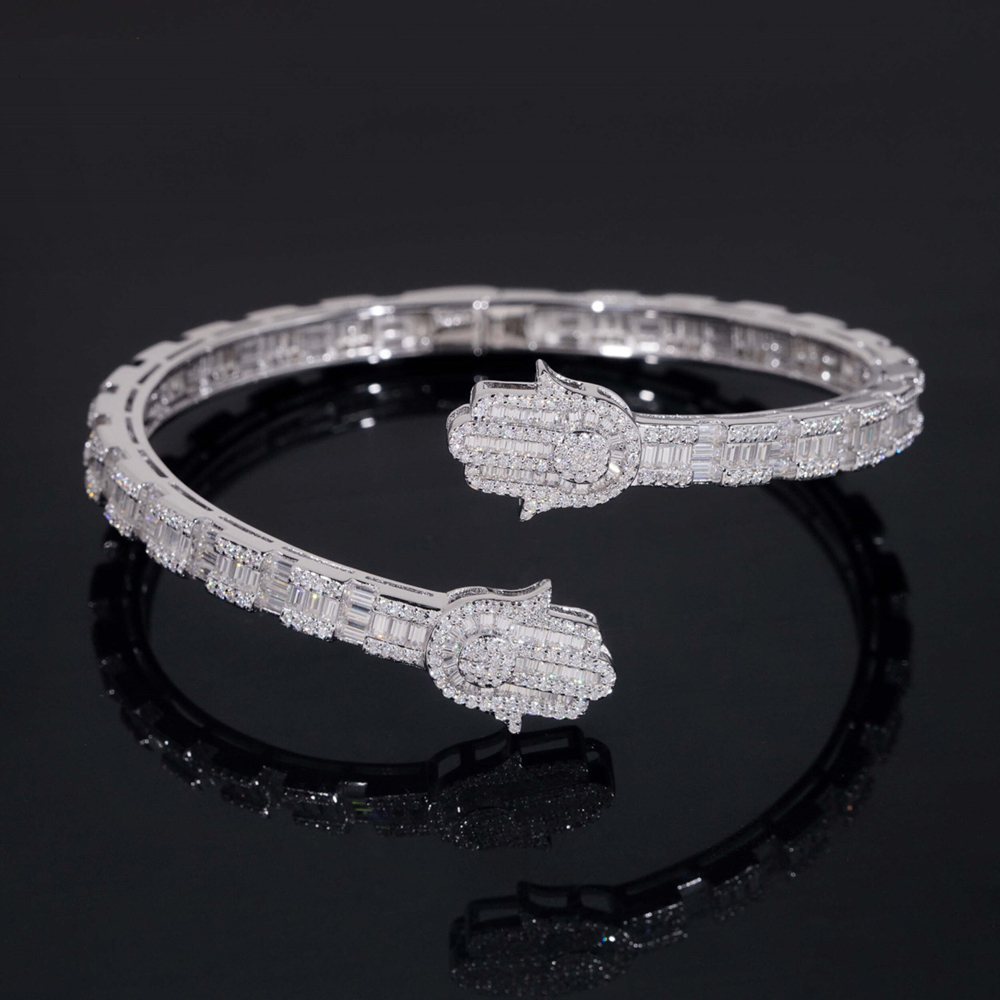 Hiphop Iced Bling Baguette Cut Moissanite Hamsa Hand Cuff Bangles 925 Sterling Silver Fatima Bracelets Pass Diamond Tester Gift