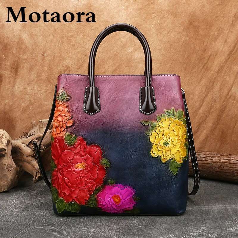 MOTAORA New Vintage Women Bucket Shoulder Bags 2025 Handmade Emed PU Leather Handbag Retro Large Capacity Crossbody Tote Bag