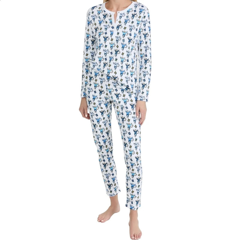 Women Matching 2 Piece Pajama Set Long Sleeve O Neck Button Up T-Shirt Tops Cartoon Animal Pattern Print Pants Female Sleepwear 250319