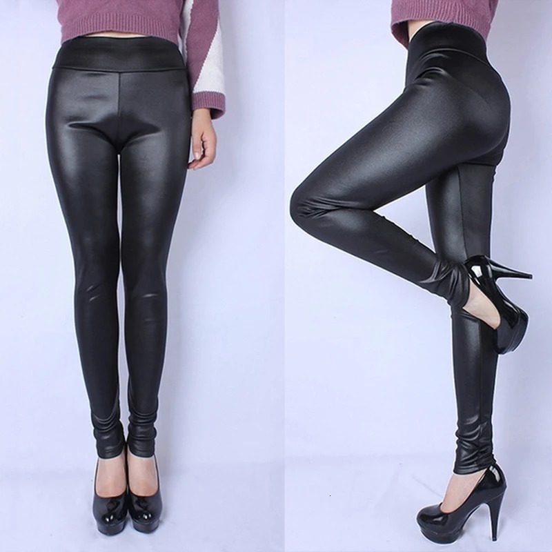 Women High Elastic Stretch Pencil Pants Autumn Winter Plush PU Leather Pants Female Sexy Waterproof Skinny Tight Trouser 250320