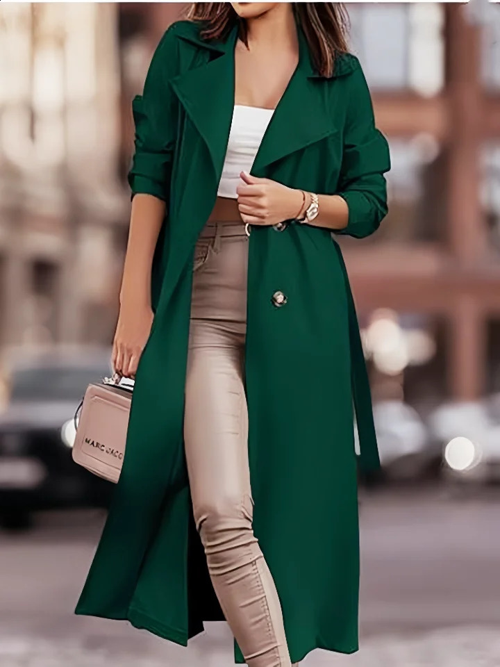 Ultra thin womens double perforated trench coat streetwear lace top with pockets unlined windproof S2XL fashionable jacket 250319