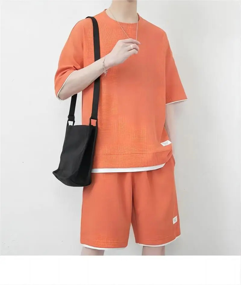 Mens Jogging Waffle Summer Suit 2025 Casual T-shirt Shorts Suit Mens Tracksuit Solid color tracksuit loose suit M-5XL 250320
