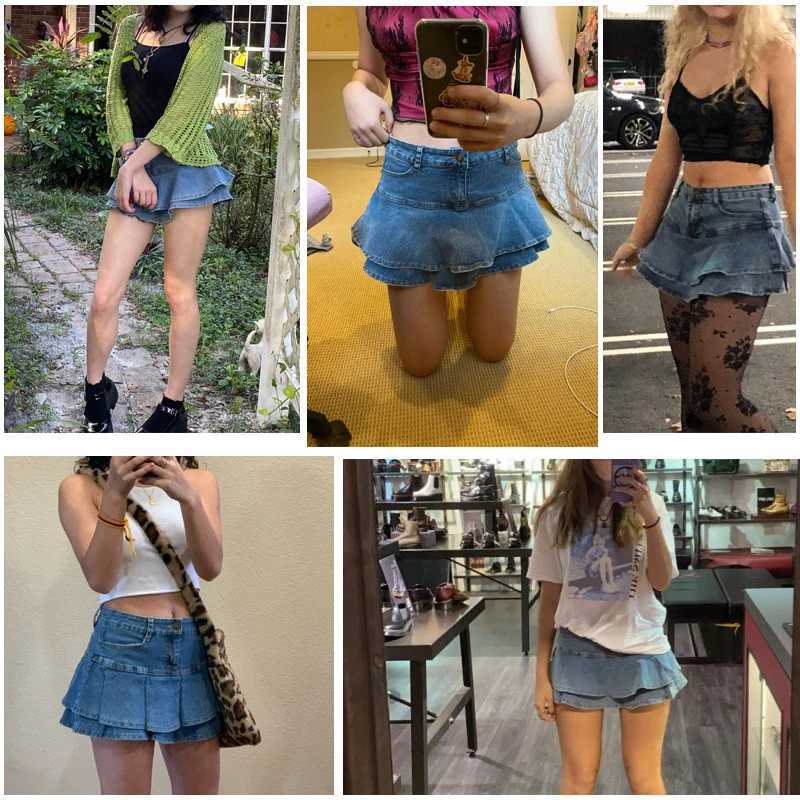 Ruffle edge pleated shorts for women 2023 summer low waist A-line Y2K denim mini shorts for women outdoor sex skin for womenXJ250320