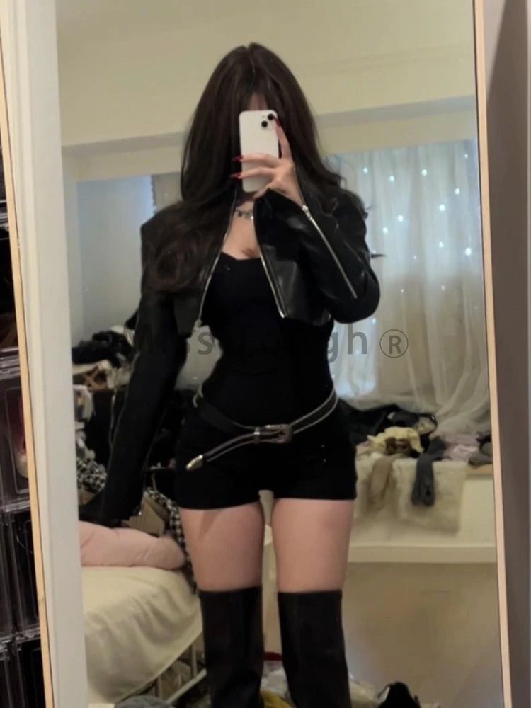 Gothic Sexy Y2k Two Piece Set Women Korean Casual High Street Retro Suit Female Elegant Leather Tops Waist Jumpsuit 2024 250320