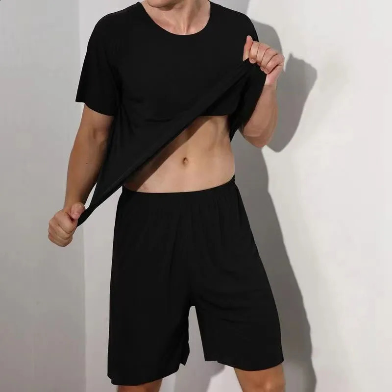 Mens TwoPiece Summer Thin Section Senior Ice Silk Feeling Round Neck Solid Color Short Sleeve Suit Sports Casual Homewear 250319
