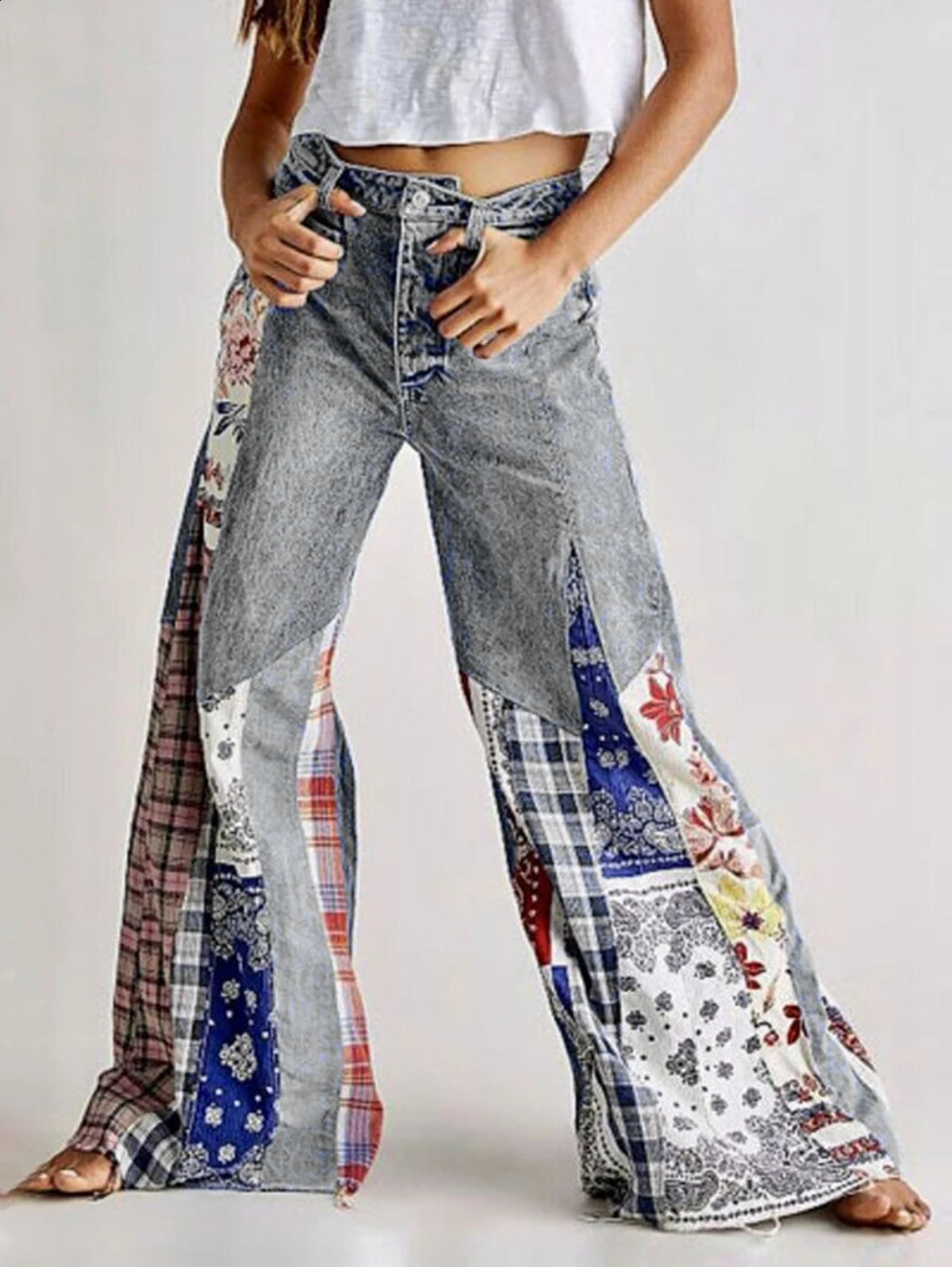 Womens Print Patchwork Wide Leg Jeans Pockets Vintage High Street Vintage Harajuku Denim Trouserse Autumn Plus Size Jeans 250319