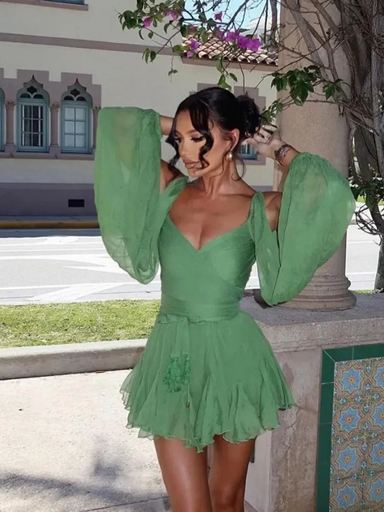 Green mesh chiffon ruffled lace mini dress sexy Vneck patchwork long sleeved ultrathin short skirt 2025 womens beach vacation party 250319
