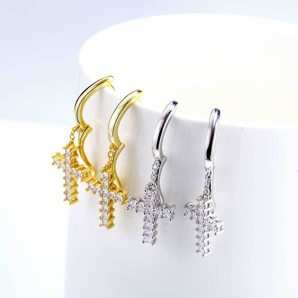 Drop Shipping Hip Hop Thick Hoop Earrings Bling Ice Out Cross CZ Zircon Plated Stud Lightning Earrings For Women Jewelry